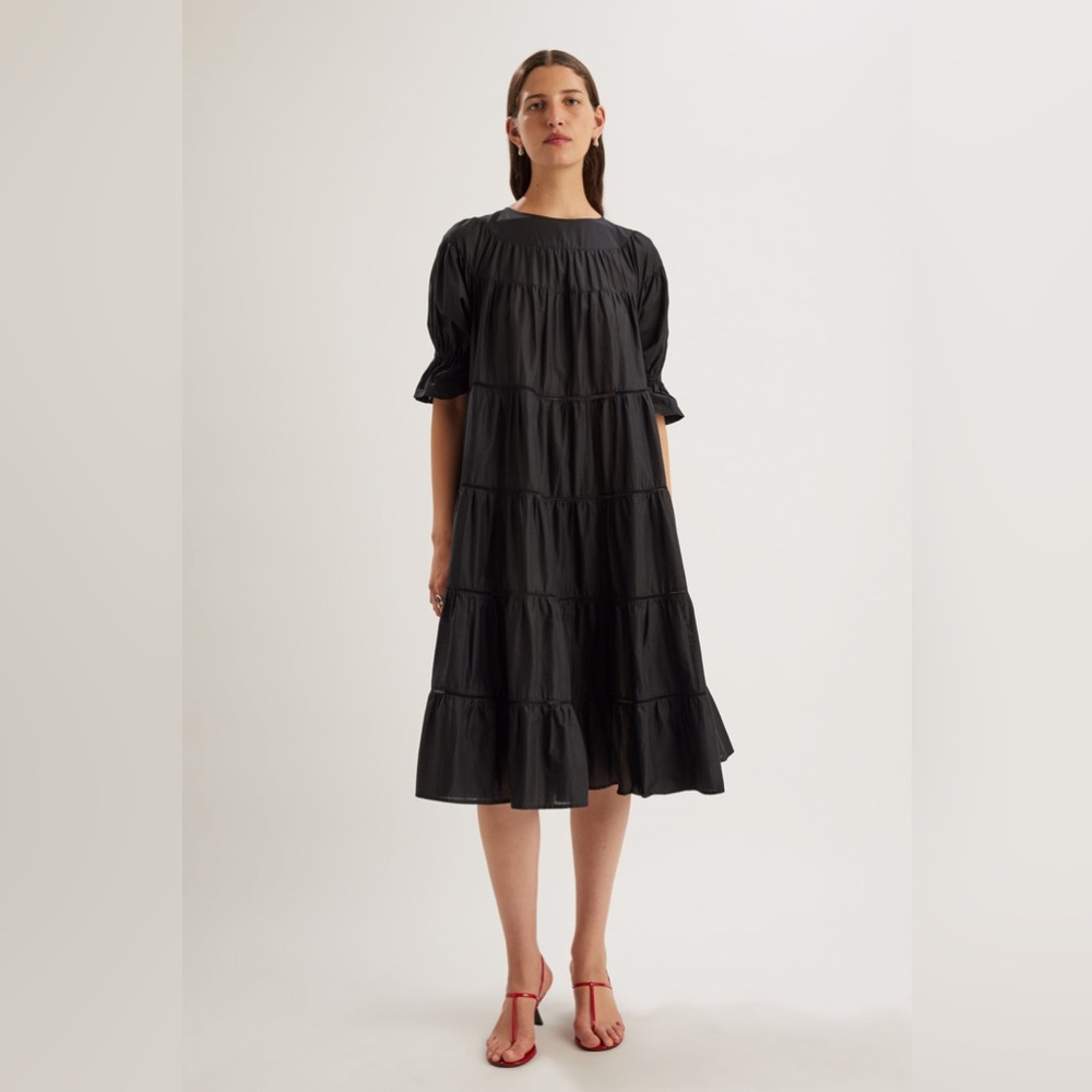 Merlette Paradis Dress Black Tiered Ruffle Cotton Midi Size Medium